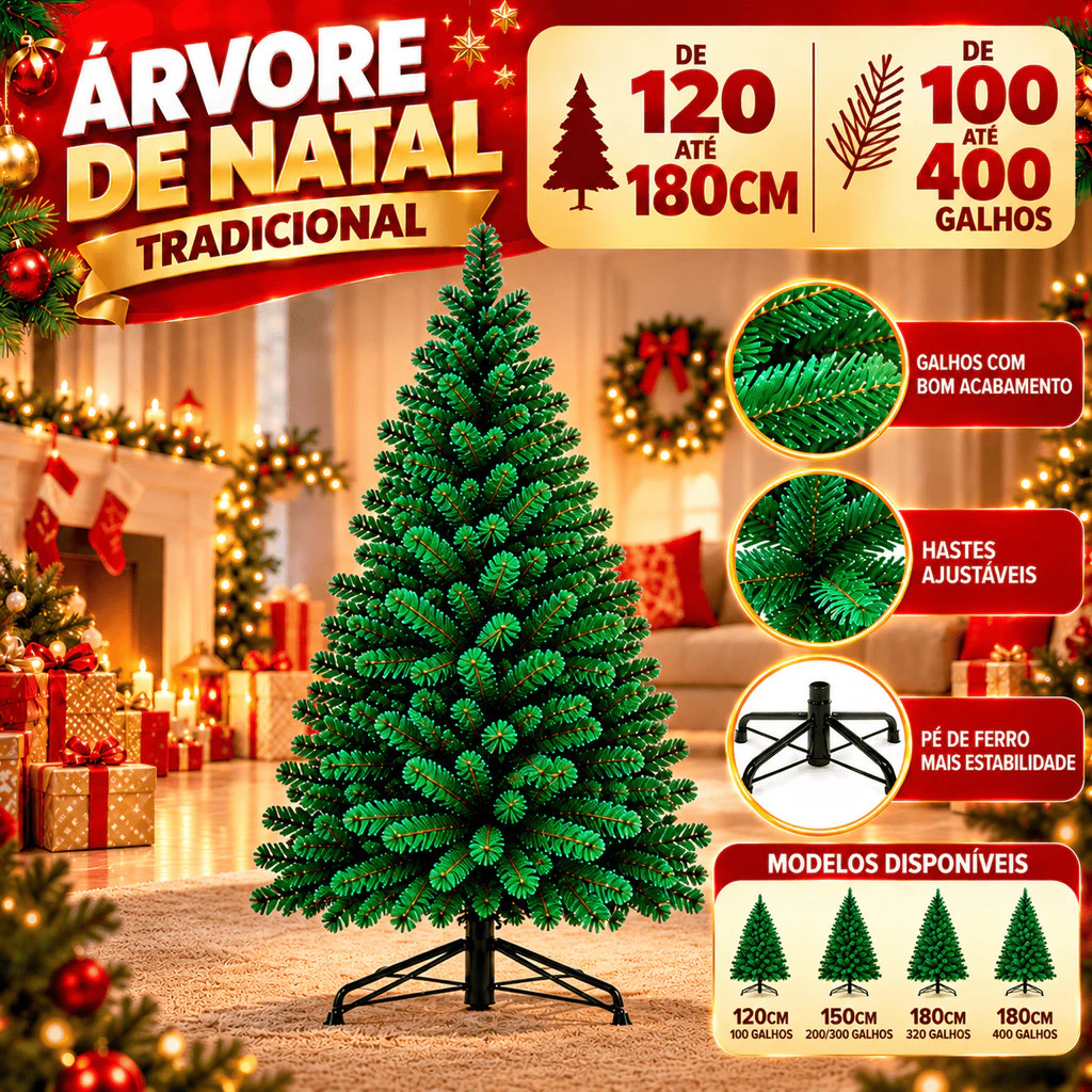 Arvore Natal Grande Pinheiro Tradicional Verde Decoração Natal | 120cm 100 GALHOS: Pé de Plástico